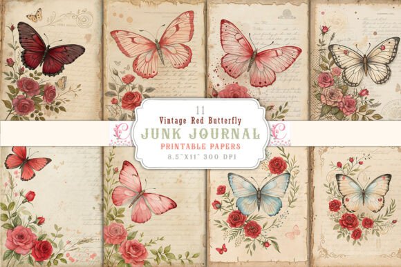 Download Vintage Red Butterfly Junk Journal Pages - Butterfly junk journal Collection